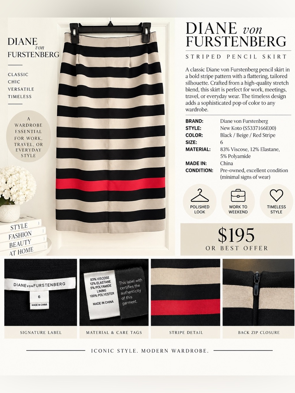 Diane von Furstenberg Black, Beige & Red Striped Pencil Skirt